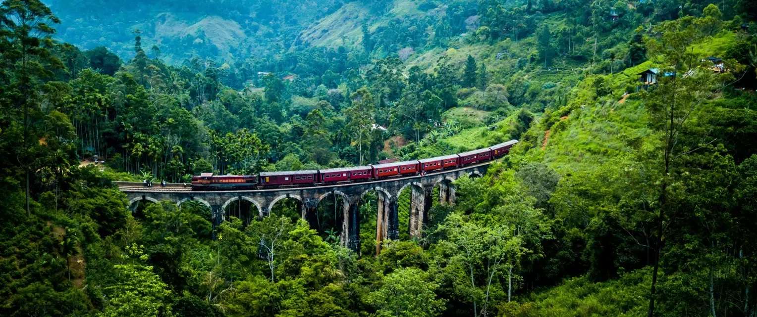 Nine Arch Bridge Ella Sri Lanka with train passing through misty tea estate